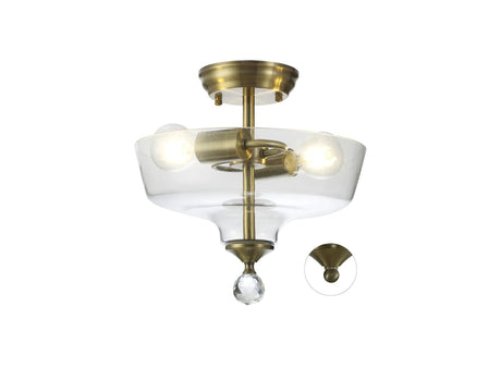 Holloway 2 Light Semi Flush Ceiling E27 With Flat Round 30cm Glass Shade Antique Brass/Clear