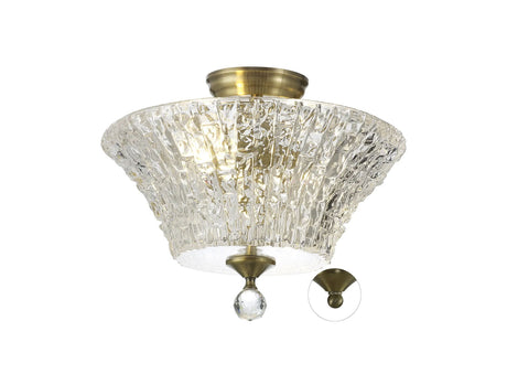 Holloway 2 Light Semi Flush Ceiling E27 With Round 38cm Patterned Glass Shade Antique Brass/Clear