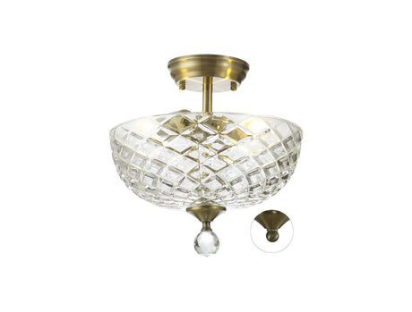 Holloway 2 Light Semi Flush Ceiling E27 With Flat Round 30cm Patterned Glass Shade Antique Brass/Clear