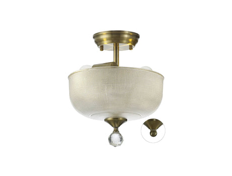 Holloway 2 Light Semi Flush Ceiling E27 With Round 26.5cm Prismatic Effect Glass Shade Antique Brass/Clear