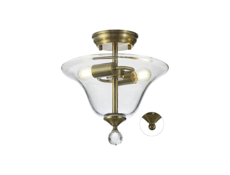 Holloway 2 Light Semi Flush Ceiling E27 With Smooth Bell 30cm Glass Shade Antique Brass/Clear