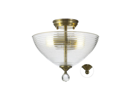 Holloway 2 Light Semi Flush Ceiling E27 With Round 33.5cm Prismatic Effect Glass Shade Antique Brass/Clear
