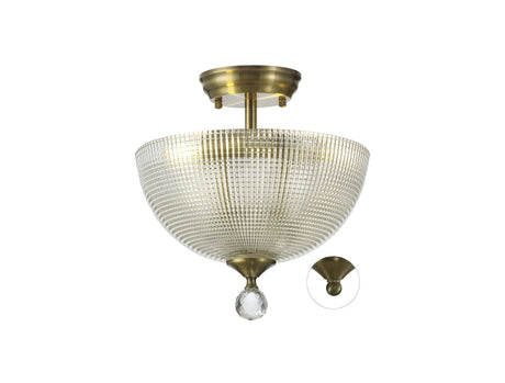 Holloway 2 Light Semi Flush Ceiling E27 With Round 30cm Prismatic Effect Glass Shade Antique Brass/Clear