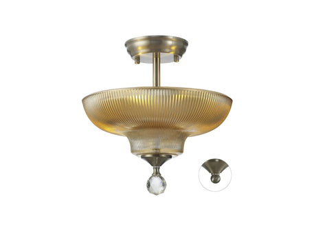 Holloway 2 Light Semi Flush Ceiling E27 With Round 30cm Glass Shade Satin Nickel/Amber