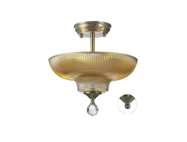 Holloway 2 Light Semi Flush Ceiling E27 With Round 30cm Glass Shade Satin Nickel/Amber