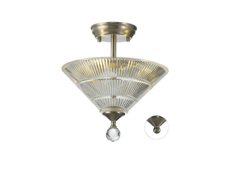 Holloway 2 Light Semi Flush Ceiling E27 With Cone 30cm Glass Shade Satin Nickel/Clear