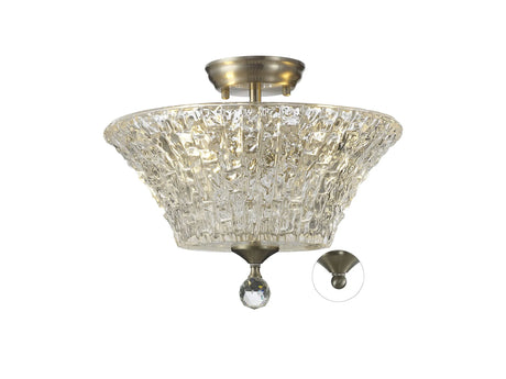 Holloway 2 Light Semi Flush Ceiling E27 With Round 38cm Patterned Glass Shade Satin Nickel/Clear