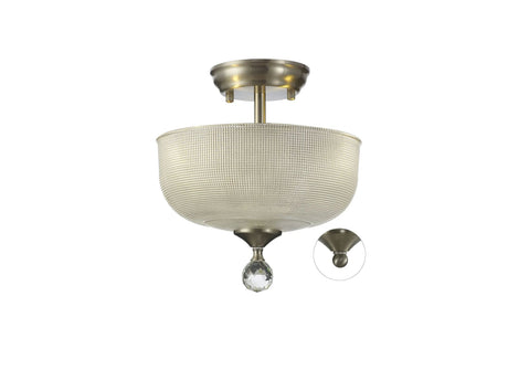 Holloway 2 Light Semi Flush Ceiling E27 With Round 26.5cm Prismatic Effect Glass Shade Satin Nickel/Clear