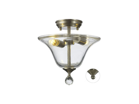 Holloway 2 Light Semi Flush Ceiling E27 With Smooth Bell 30cm Glass Shade Satin Nickel/Clear