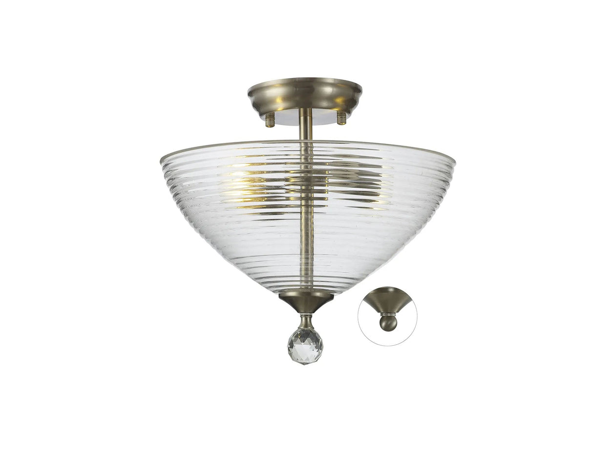 Holloway 2 Light Semi Flush Ceiling E27 With Round 33.5cm Prismatic Effect Glass Shade Satin Nickel/Clear