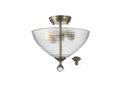 Holloway 2 Light Semi Flush Ceiling E27 With Round 33.5cm Prismatic Effect Glass Shade Satin Nickel/Clear