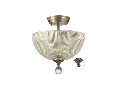 Holloway 2 Light Semi Flush Ceiling E27 With Round 30cm Prismatic Effect Glass Shade Satin Nickel/Clear