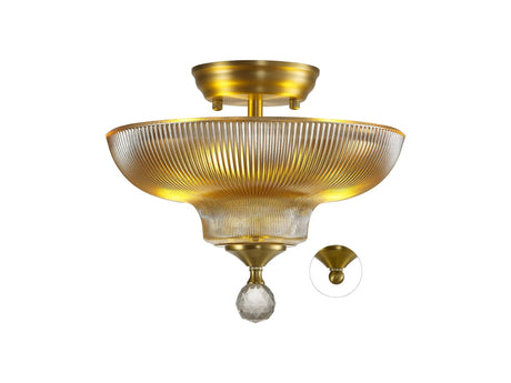 Holloway 2 Light Semi Flush Ceiling E27 With Round 30cm Glass Shade Satin Gold/Amber