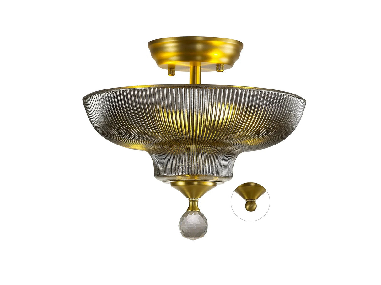 Holloway 2 Light Semi Flush Ceiling E27 With Round 30cm Glass Shade Satin Gold/Smoked