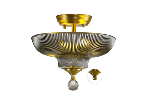 Holloway 2 Light Semi Flush Ceiling E27 With Round 30cm Glass Shade Satin Gold/Smoked