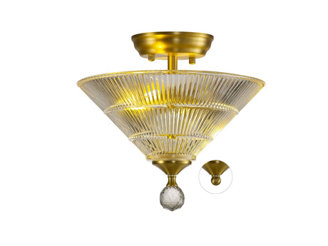 Holloway 2 Light Semi Flush Ceiling E27 With Cone 30cm Glass Shade Satin Gold/Clear