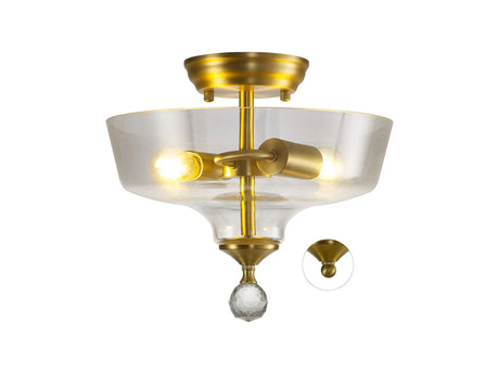 Holloway 2 Light Semi Flush Ceiling E27 With Flat Round 30cm Glass Shade Satin Gold/Clear