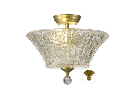 Holloway 2 Light Semi Flush Ceiling E27 With Round 38cm Patterned Glass Shade Satin Gold/Clear