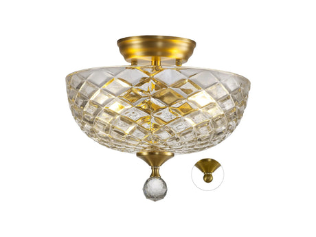 Holloway 2 Light Semi Flush Ceiling E27 With Flat Round 30cm Patterned Glass Shade Satin Gold/Clear