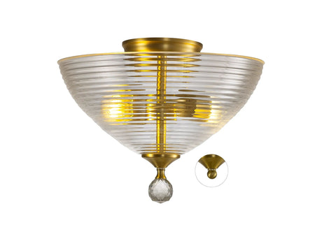 Holloway 2 Light Semi Flush Ceiling E27 With Round 33.5cm Prismatic Effect Glass Shade Satin Gold/Clear