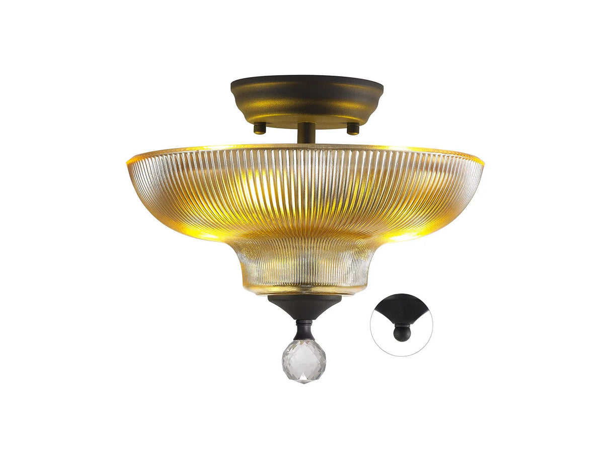 Holloway 2 Light Semi Flush Ceiling E27 With Round 30cm Glass Shade Graphite/Amber