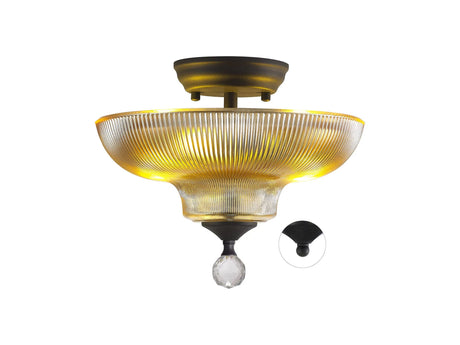 Holloway 2 Light Semi Flush Ceiling E27 With Round 30cm Glass Shade Graphite/Amber