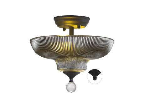 Holloway 2 Light Semi Flush Ceiling E27 With Round 30cm Glass Shade Graphite/Smoked
