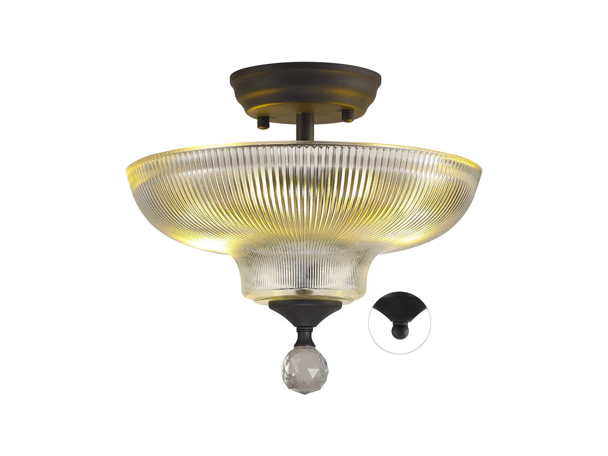 Holloway 2 Light Semi Flush Ceiling E27 With Round 30cm Glass Shade Graphite/Clear