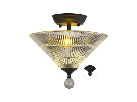 Holloway 2 Light Semi Flush Ceiling E27 With Cone 30cm Glass Shade Graphite/Clear