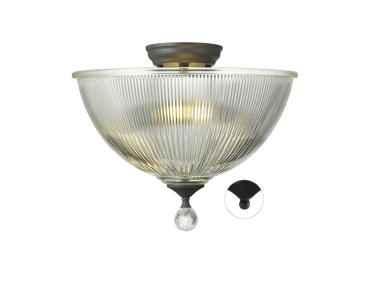 Holloway 2 Light Semi Flush Ceiling E27 With Dome 38cm Glass Shade Graphite/Clear