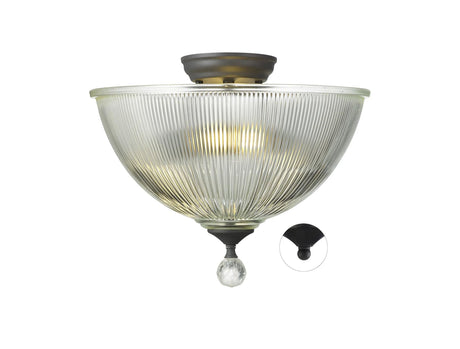 Holloway 2 Light Semi Flush Ceiling E27 With Dome 38cm Glass Shade Graphite/Clear