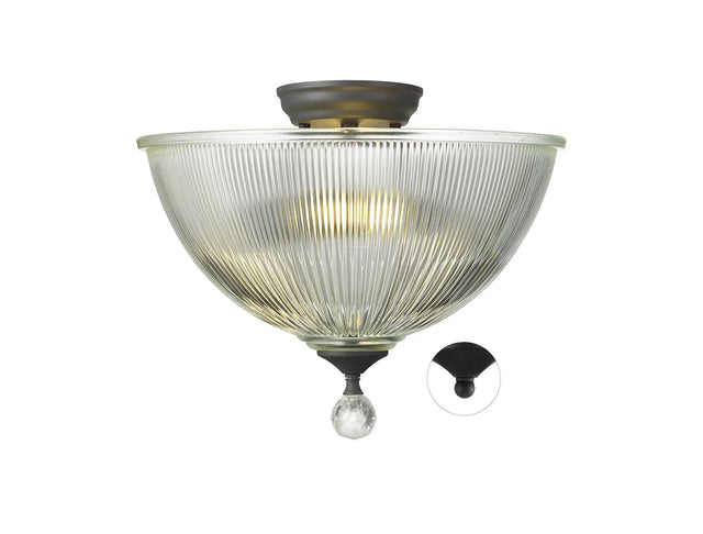 Holloway 2 Light Semi Flush Ceiling E27 With Dome 38cm Glass Shade Graphite/Clear