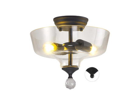 Holloway 2 Light Semi Flush Ceiling E27 With Flat Round 30cm Glass Shade Graphite/Clear