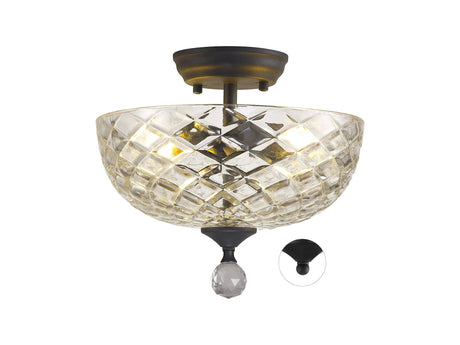 Holloway 2 Light Semi Flush Ceiling E27 With Flat Round 30cm Patterned Glass Shade Graphite/Clear