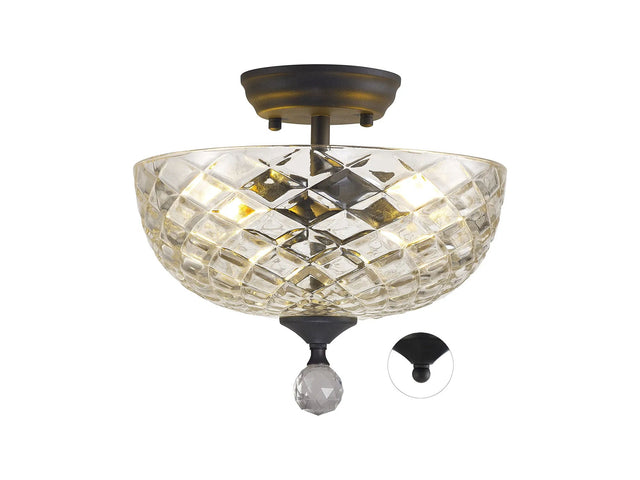 Holloway 2 Light Semi Flush Ceiling E27 With Flat Round 30cm Patterned Glass Shade Graphite/Clear