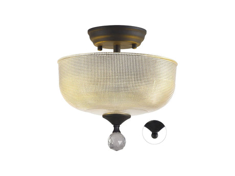Holloway 2 Light Semi Flush Ceiling E27 With Round 26.5cm Prismatic Effect Glass Shade Graphite/Clear