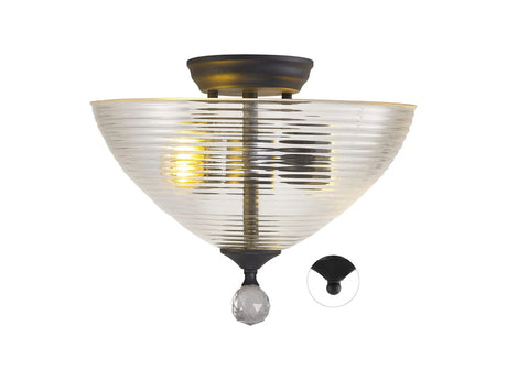 Holloway 2 Light Semi Flush Ceiling E27 With Round 33.5cm Prismatic Effect Glass Shade Graphite/Clear
