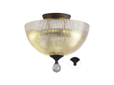 Holloway 2 Light Semi Flush Ceiling E27 With Round 30cm Prismatic Effect Glass Shade Graphite/Clear