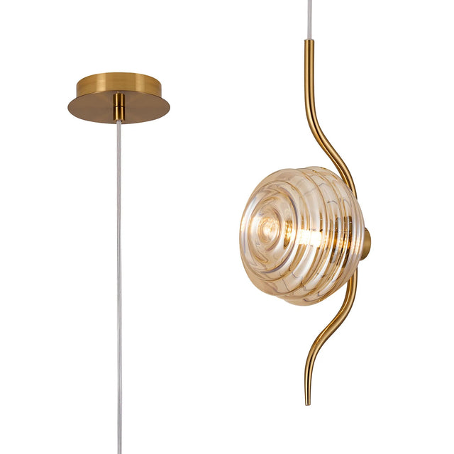 Hunt 1 Light Pendant With 160mm Glass, Brass/Amber