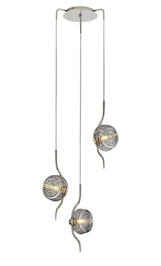 Hunt Round 3 Light Spider Pendant With 160mm Glass, Polished Nickel/Smoke