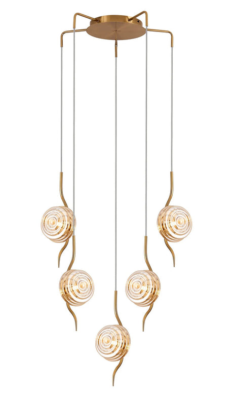 Hunt Round 5 Light Spider Pendant With 160mm Glass, Brass/Amber
