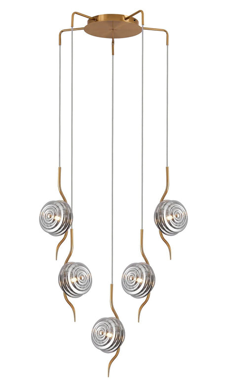 Hunt Round 5 Light Spider Pendant With 160mm Glass, Brass/Smoke