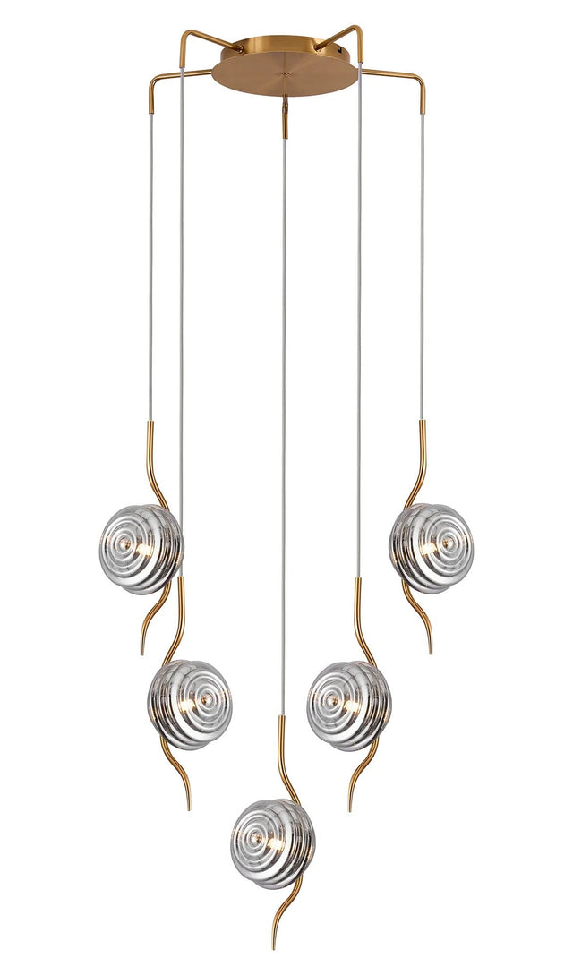 Hunt Round 5 Light Spider Pendant With 160mm Glass, Brass/Smoke