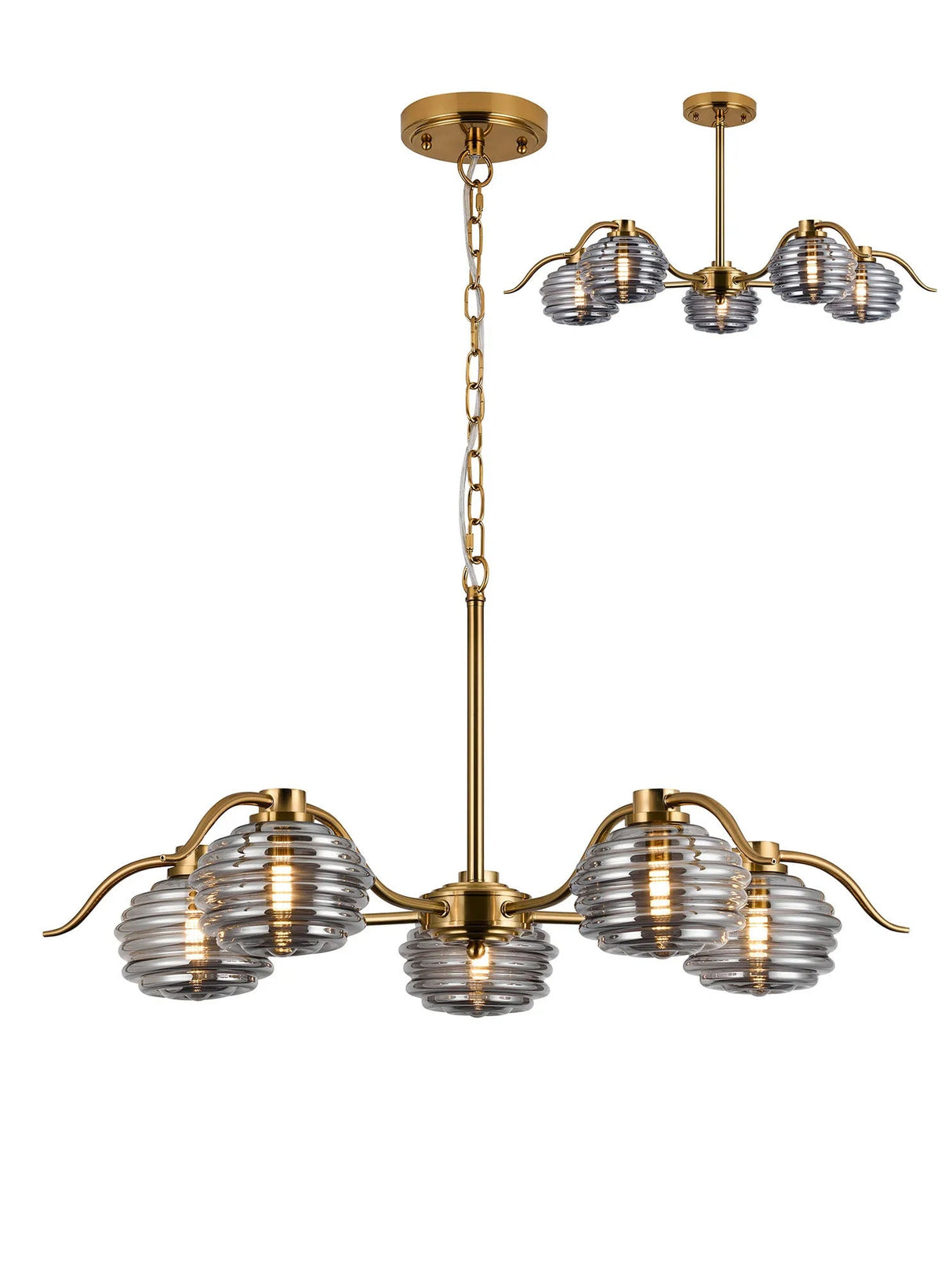 Hunt 5 Light Multi Arm Pendant/Semi Flush With 160mm Glass, Brass/Smoke