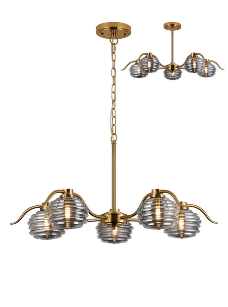 Hunt 5 Light Multi Arm Pendant/Semi Flush With 160mm Glass, Brass/Smoke