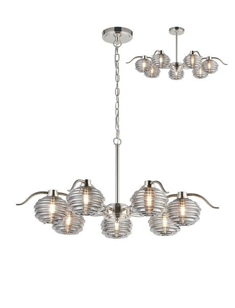 Hunt 7 Light Multi Arm Pendant/Semi Flush With 160mm Glass, Polished Nickel/Smoke