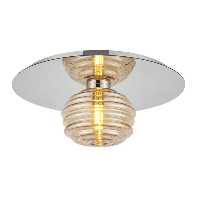 Hunt Round 1 Light Flush/Wall Light With 180mm Glass, Polished Nickel/Amber