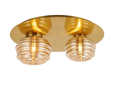 Hunt Round 2 Light Flush With 160mm & 180mm Glass, Brass/Amber