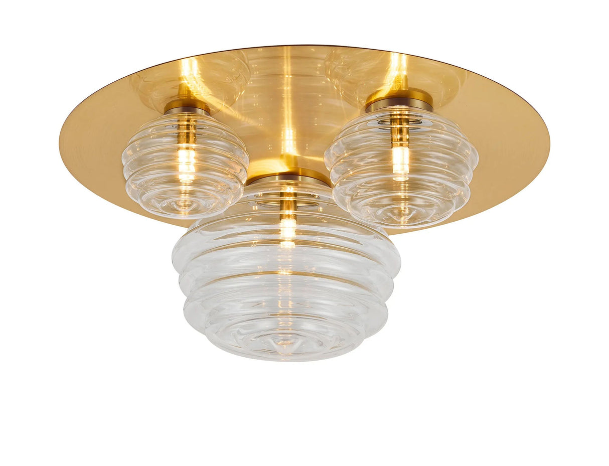 Hunt Round 3 Light Flush With 160mm, 180mm & 280mm Glass, Brass/Clear