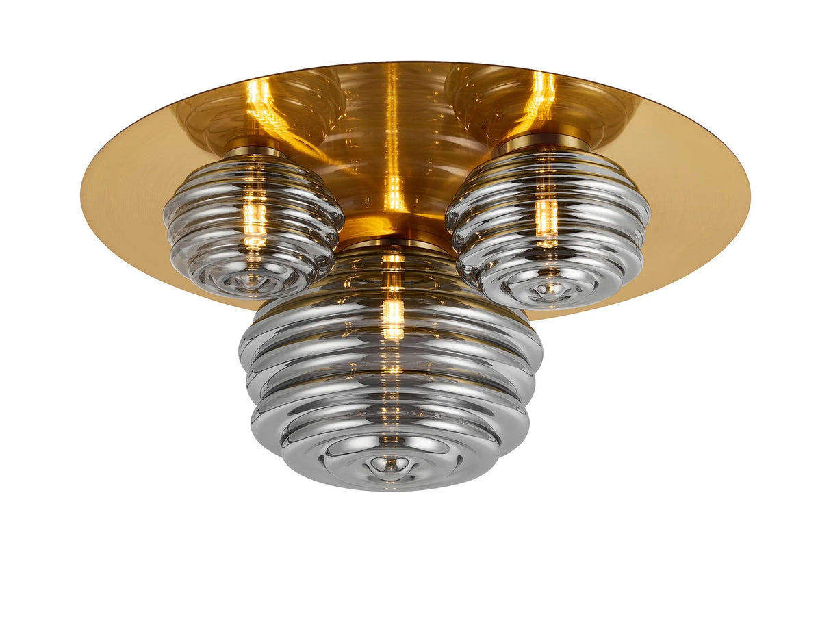 Hunt Round 3 Light Flush With 160mm, 180mm & 280mm Glass, Brass/Smoke